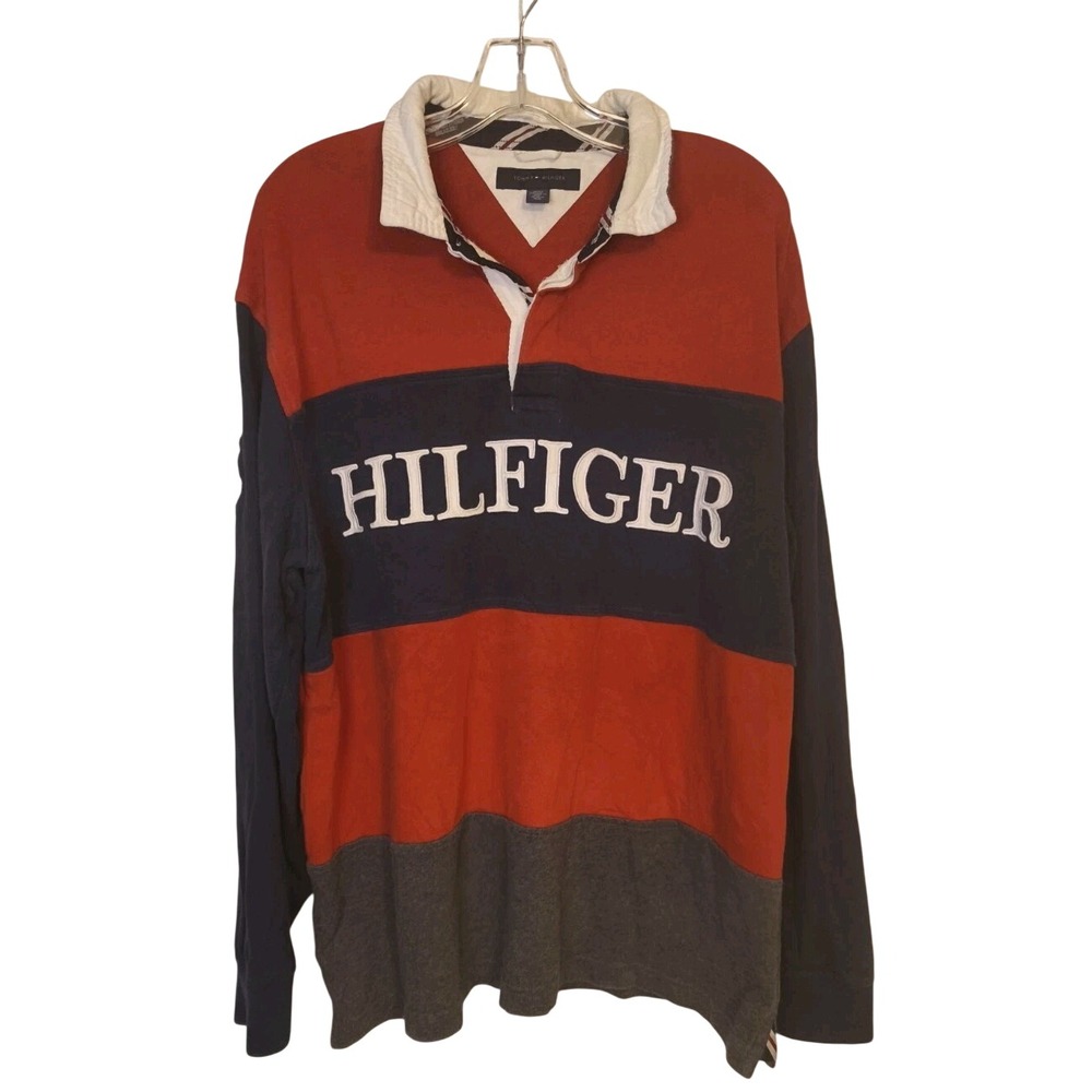 VTG Tommy Hilfiger Rugby Polo Shirt Men's XLarge Color-block Long Sleeves #8 XL